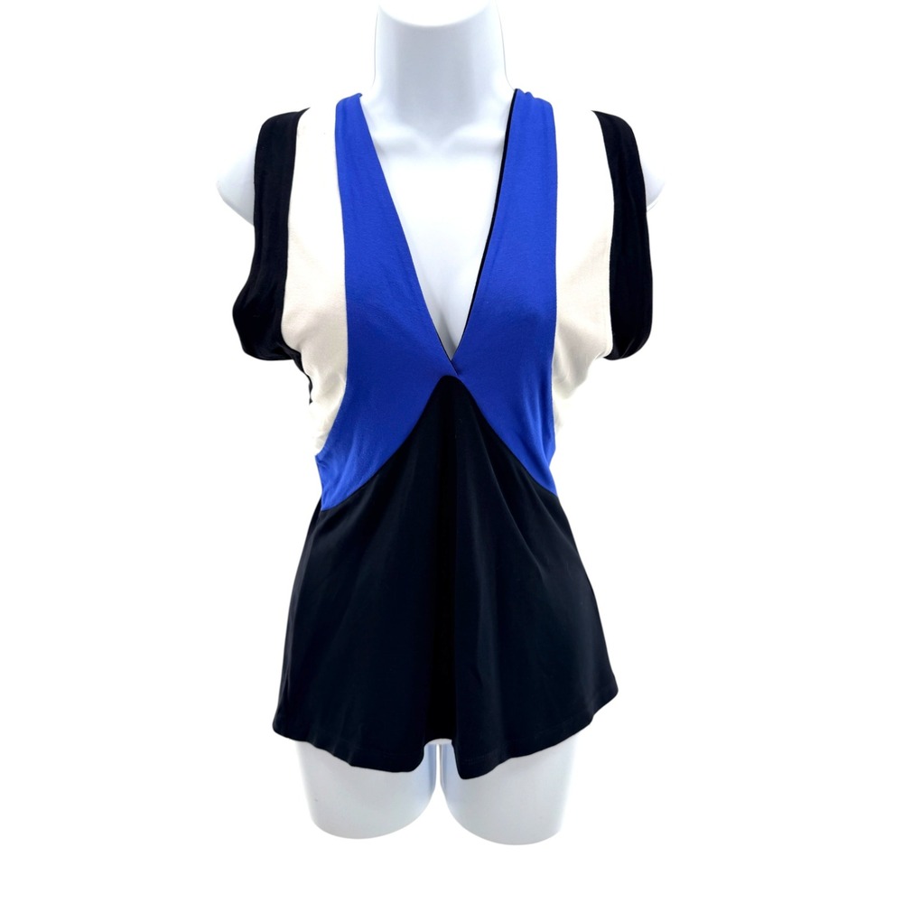 Karen Millen Colorblock V-Neck Crossover Back Top Black Blue Cream US 10 NEW